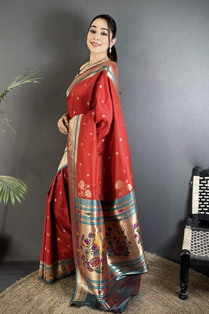 Red Paithani Floral Woven Silk Saree (ND908)