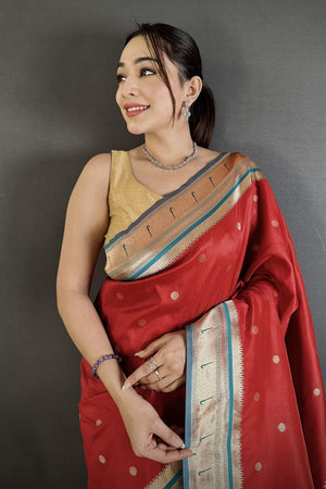 Red Paithani Floral Woven Silk Saree (ND908)