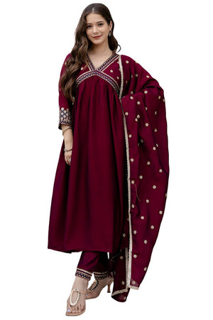 Wine Floral Embroidered Silk Anarkali Suit Set