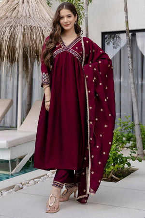Wine Floral Embroidered Silk Anarkali Suit Set
