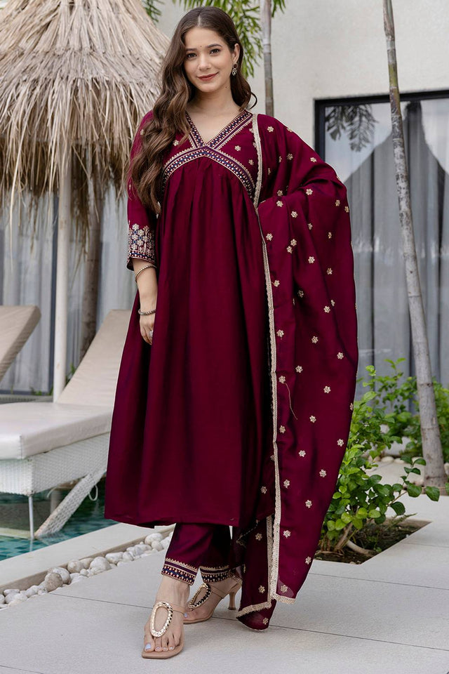 Wine Floral Embroidered Silk Anarkali Suit Set