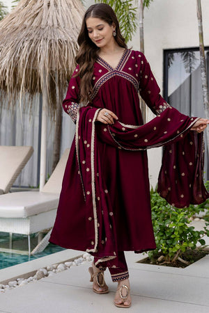 Wine Floral Embroidered Silk Anarkali Suit Set