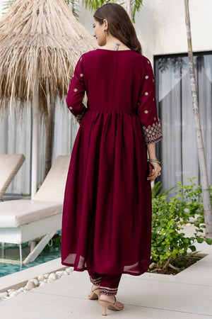 Wine Floral Embroidered Silk Anarkali Suit Set
