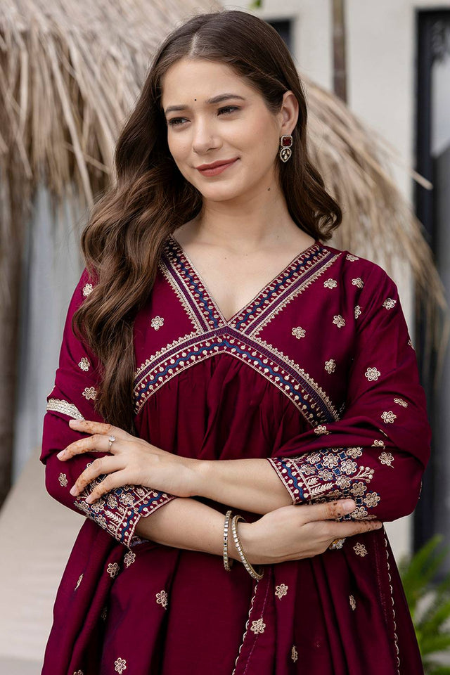 Wine Floral Embroidered Silk Anarkali Suit Set