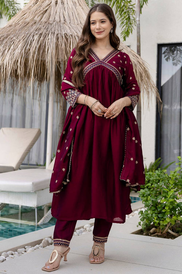 Wine Floral Embroidered Silk Anarkali Suit Set