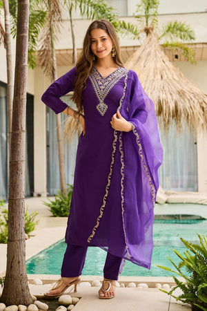 Violet Floral Embroidered Rayon Kurti Pant Set