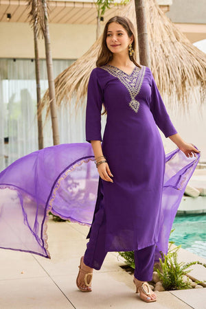 Violet Floral Embroidered Rayon Kurti Pant Set
