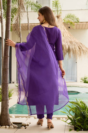 Violet Floral Embroidered Rayon Kurti Pant Set