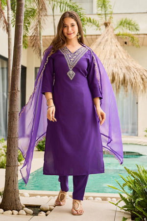 Violet Floral Embroidered Rayon Kurti Pant Set