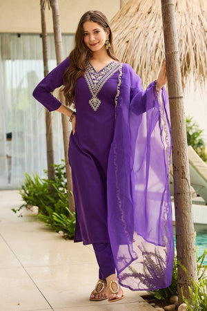 Violet Floral Embroidered Rayon Kurti Pant Set
