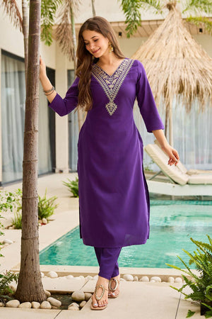 Violet Floral Embroidered Rayon Kurti Pant Set