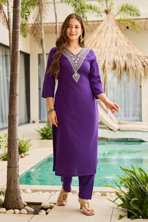 Violet Floral Embroidered Rayon Kurti Pant Set