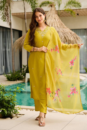 Yellow Floral Embroidered Rayon Kurti Pant Set