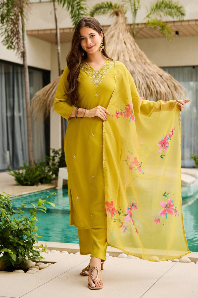 Yellow Floral Embroidered Rayon Kurti Pant Set