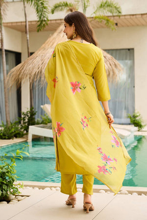 Yellow Floral Embroidered Rayon Kurti Pant Set