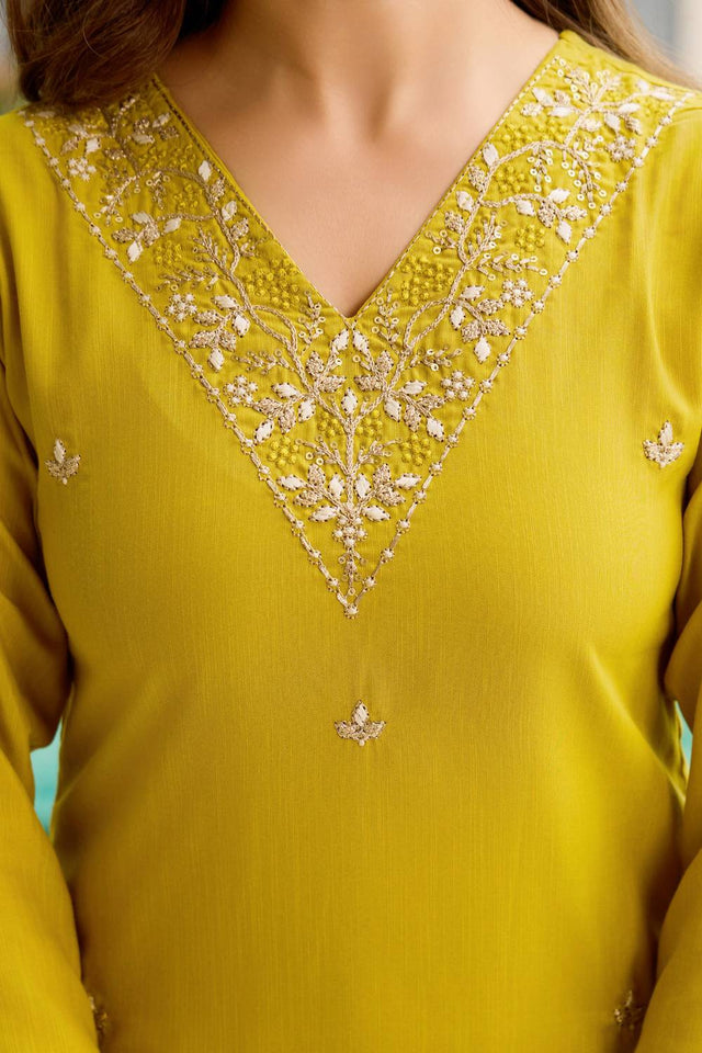 Yellow Floral Embroidered Rayon Kurti Pant Set