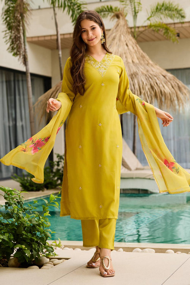 Yellow Floral Embroidered Rayon Kurti Pant Set