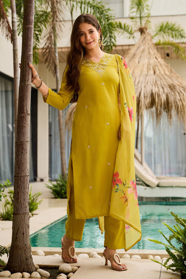 Yellow Floral Embroidered Rayon Kurti Pant Set