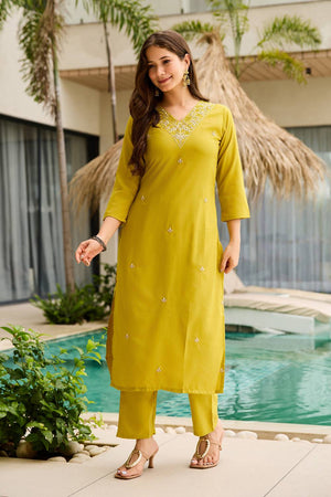 Yellow Floral Embroidered Rayon Kurti Pant Set
