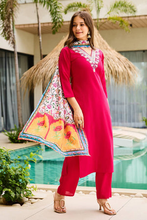 Magenta Floral Embroidered Rayon Kurti Pant Set