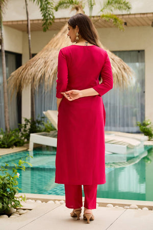 Magenta Floral Embroidered Rayon Kurti Pant Set