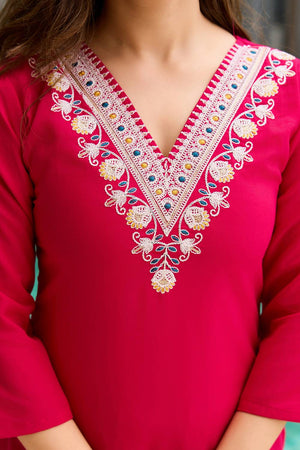 Magenta Floral Embroidered Rayon Kurti Pant Set