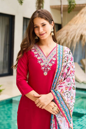 Magenta Floral Embroidered Rayon Kurti Pant Set