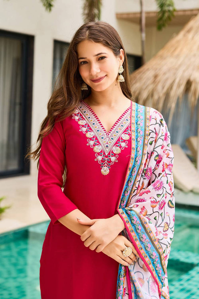 Magenta Floral Embroidered Rayon Kurti Pant Set