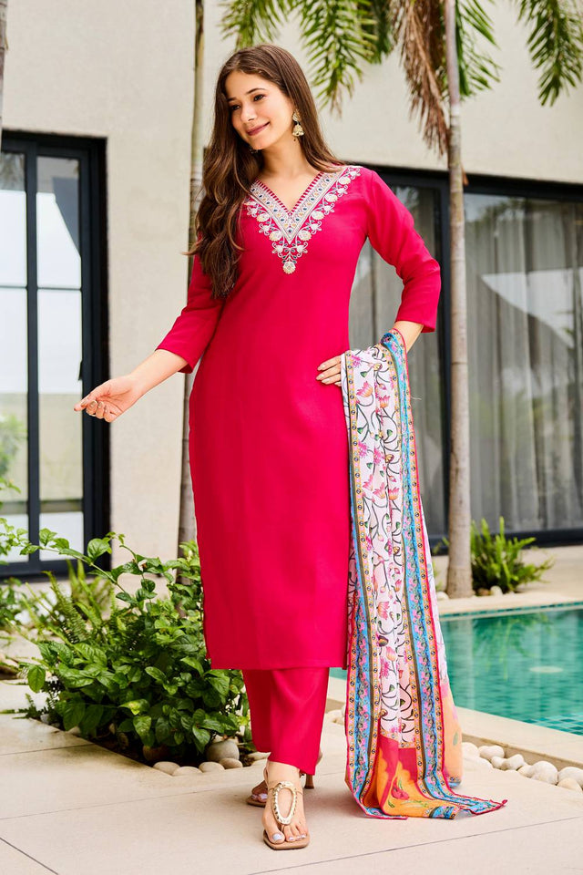 Magenta Floral Embroidered Rayon Kurti Pant Set