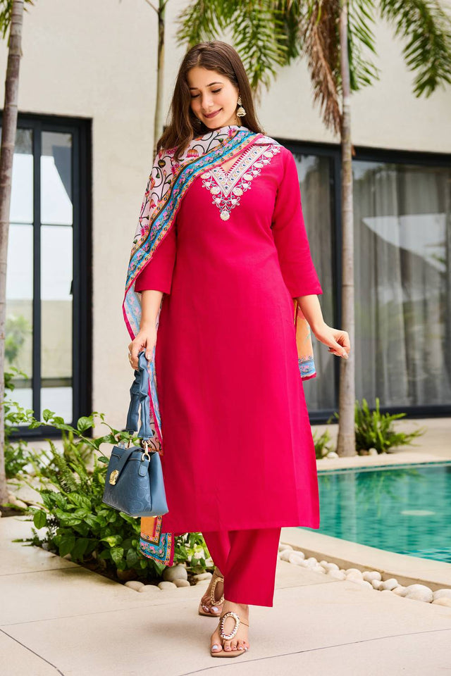 Magenta Floral Embroidered Rayon Kurti Pant Set
