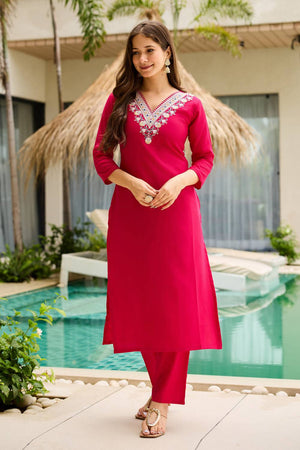Magenta Floral Embroidered Rayon Kurti Pant Set