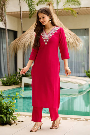 Magenta Floral Embroidered Rayon Kurti Pant Set