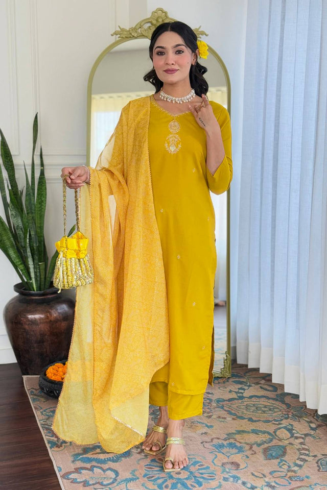 Yellow Floral Embroidered Rayon Kurti Pant Set