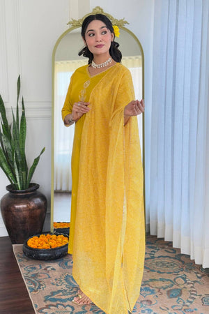 Yellow Floral Embroidered Rayon Kurti Pant Set