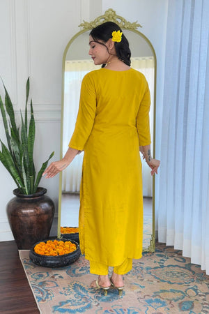 Yellow Floral Embroidered Rayon Kurti Pant Set