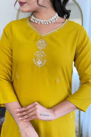 Yellow Floral Embroidered Rayon Kurti Pant Set