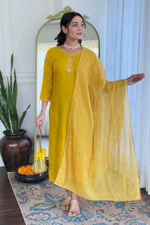 Yellow Floral Embroidered Rayon Kurti Pant Set