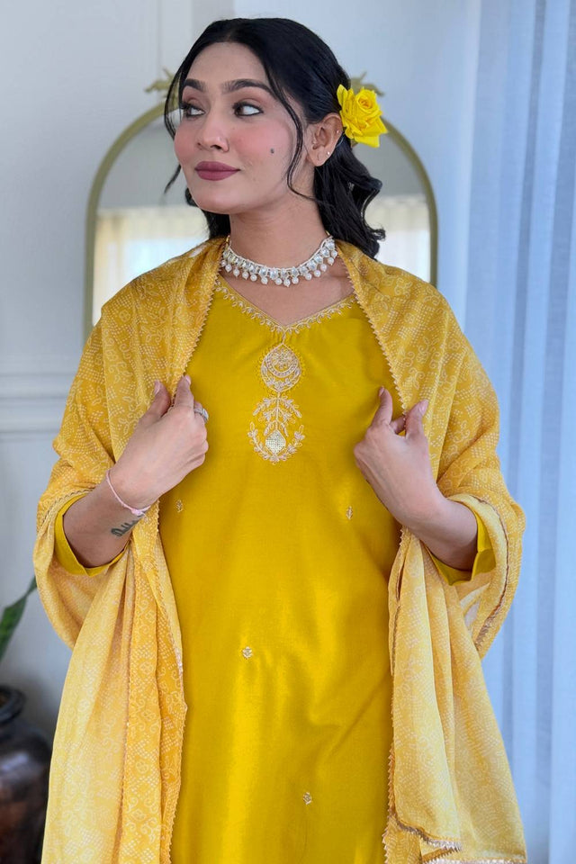 Yellow Floral Embroidered Rayon Kurti Pant Set