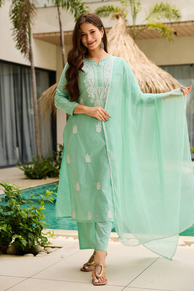 Turquoise Floral Embroidered Cotton Kurti Pant Set