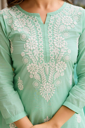 Turquoise Floral Embroidered Cotton Kurti Pant Set