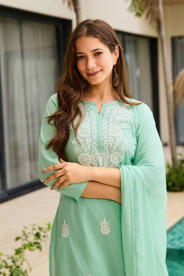 Turquoise Floral Embroidered Cotton Kurti Pant Set