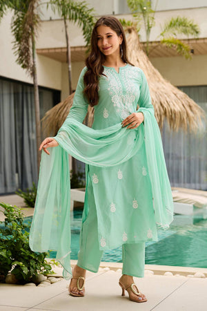 Turquoise Floral Embroidered Cotton Kurti Pant Set