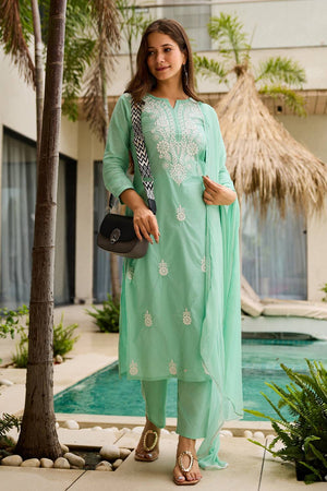Turquoise Floral Embroidered Cotton Kurti Pant Set