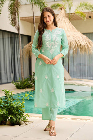 Turquoise Floral Embroidered Cotton Kurti Pant Set