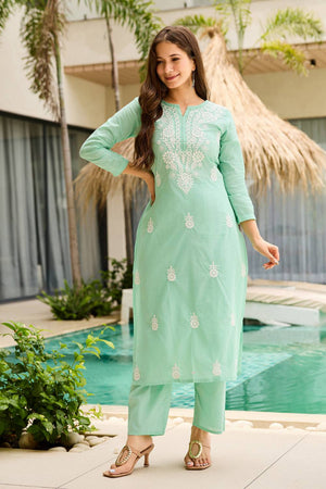 Turquoise Floral Embroidered Cotton Kurti Pant Set