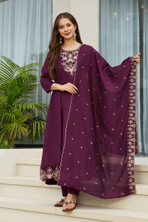 Wine Floral Embroidered Silk Anarkali Suit Set
