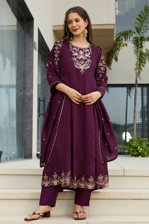 Wine Floral Embroidered Silk Anarkali Suit Set