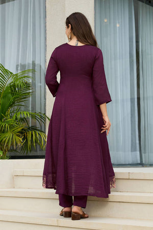 Wine Floral Embroidered Silk Anarkali Suit Set