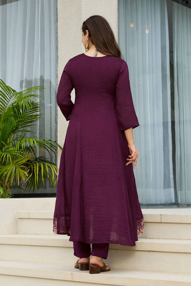 Wine Floral Embroidered Silk Anarkali Suit Set