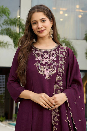 Wine Floral Embroidered Silk Anarkali Suit Set